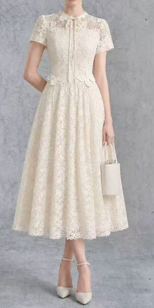 CREAM LACE TIE-NECK A-LINE MIDI DRESS
