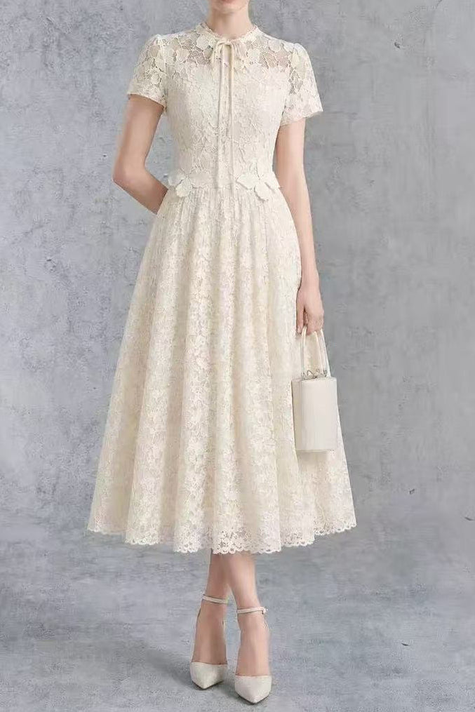 a87f1da1607e69d4fb25db6995074f8c CREAM LACE TIE-NECK A-LINE MIDI DRESS