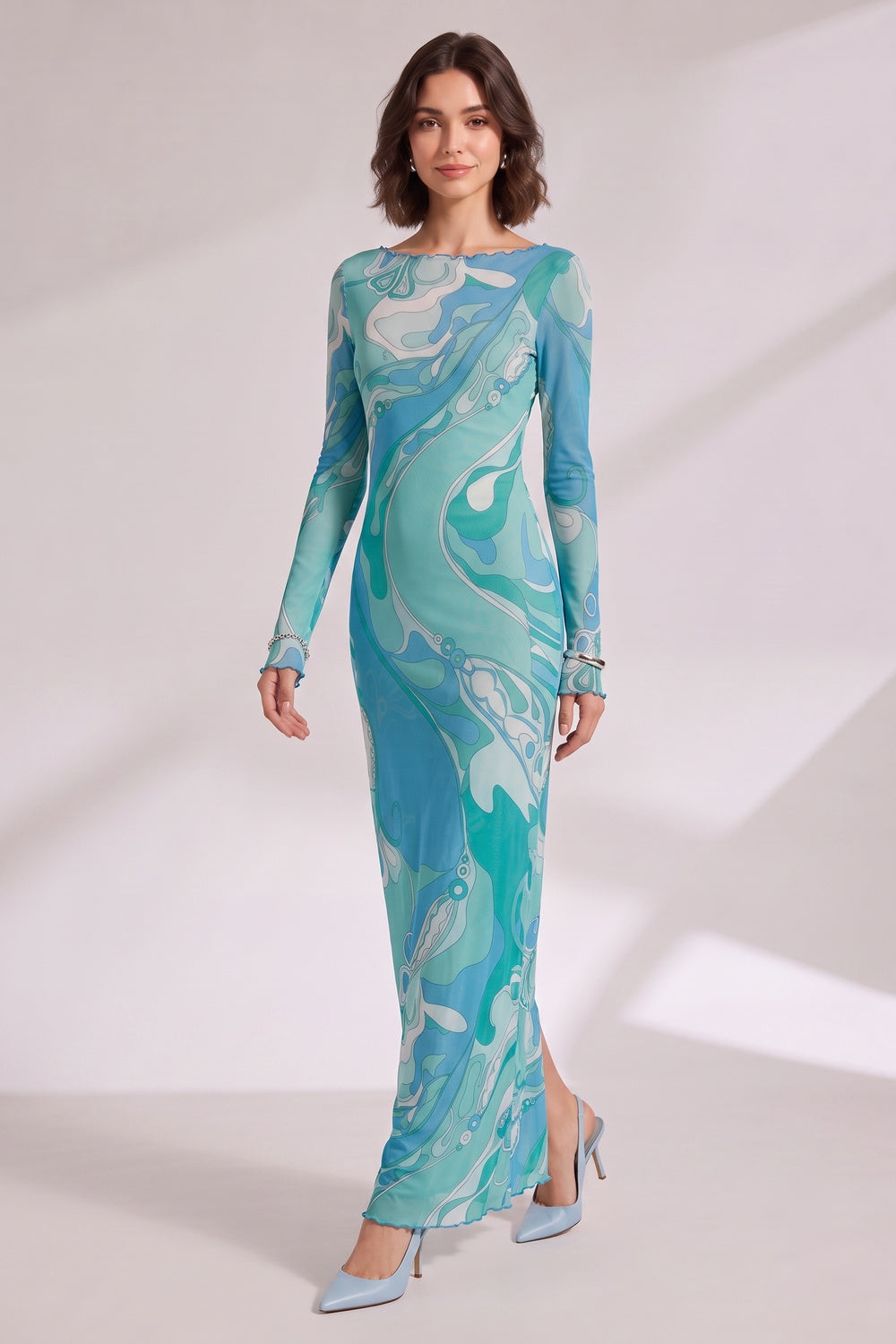 a8bd702b5b2f219b ABSTRACT WAVE PRINT MAXI DRESS TEAL BLUE