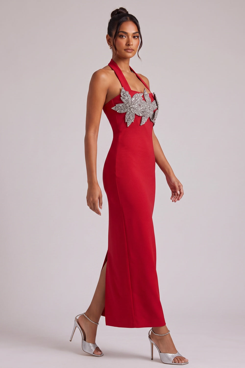 a8d3fd56b0dc71ee RED HALTER MAXI DRESS SILVER FLORAL PARTY