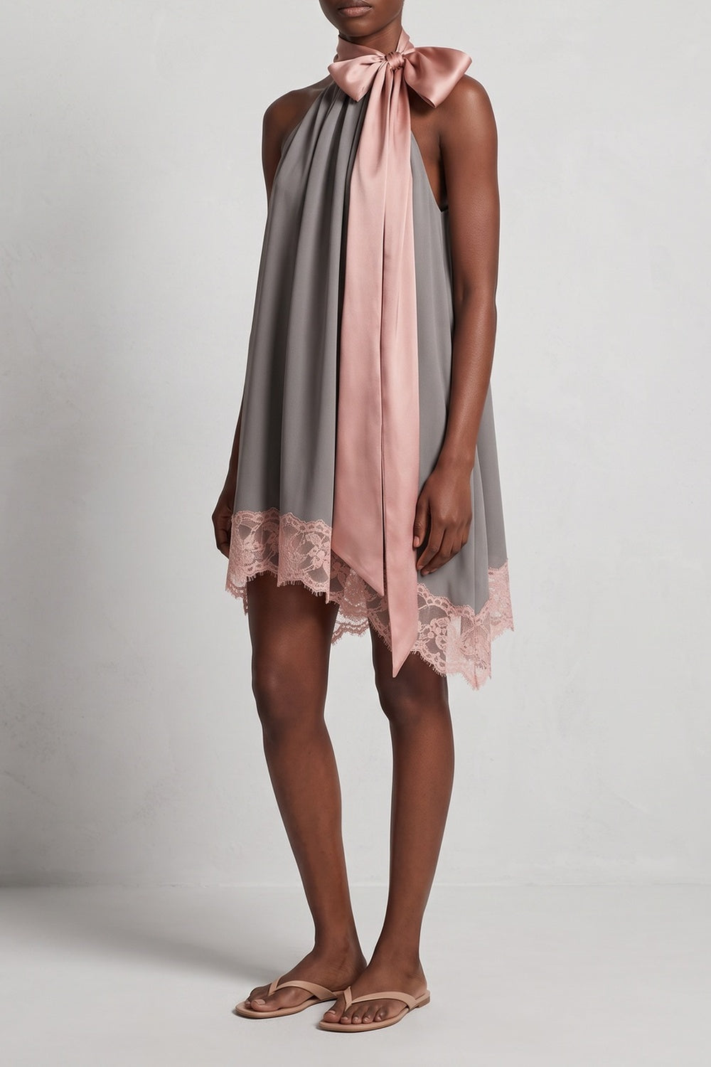 HALTER SATIN BOW LACE HEM SHIFT DRESS