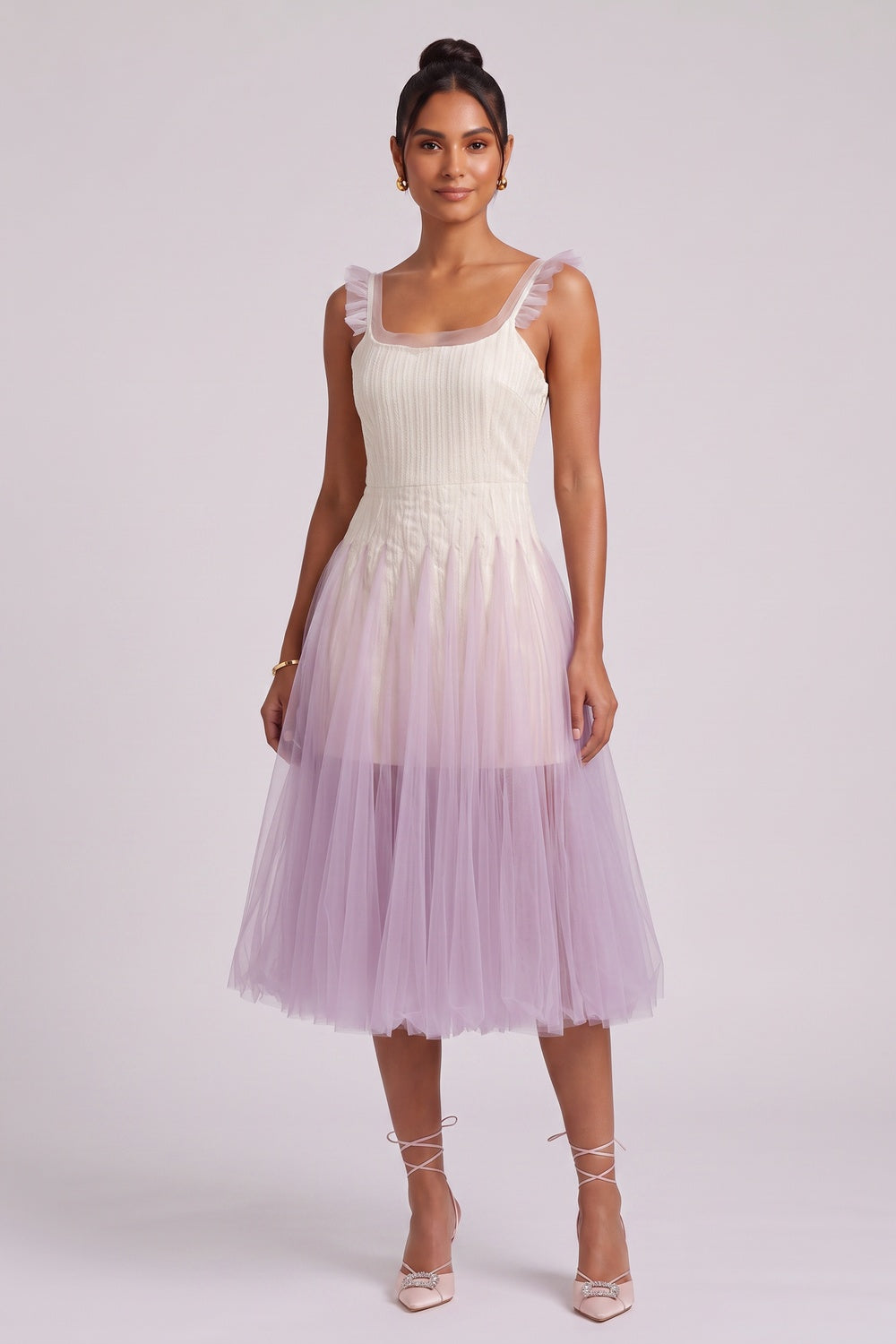 GRADIENT TULLE MIDI DRESS RUFFLE STRAPS WEDDING GUEST