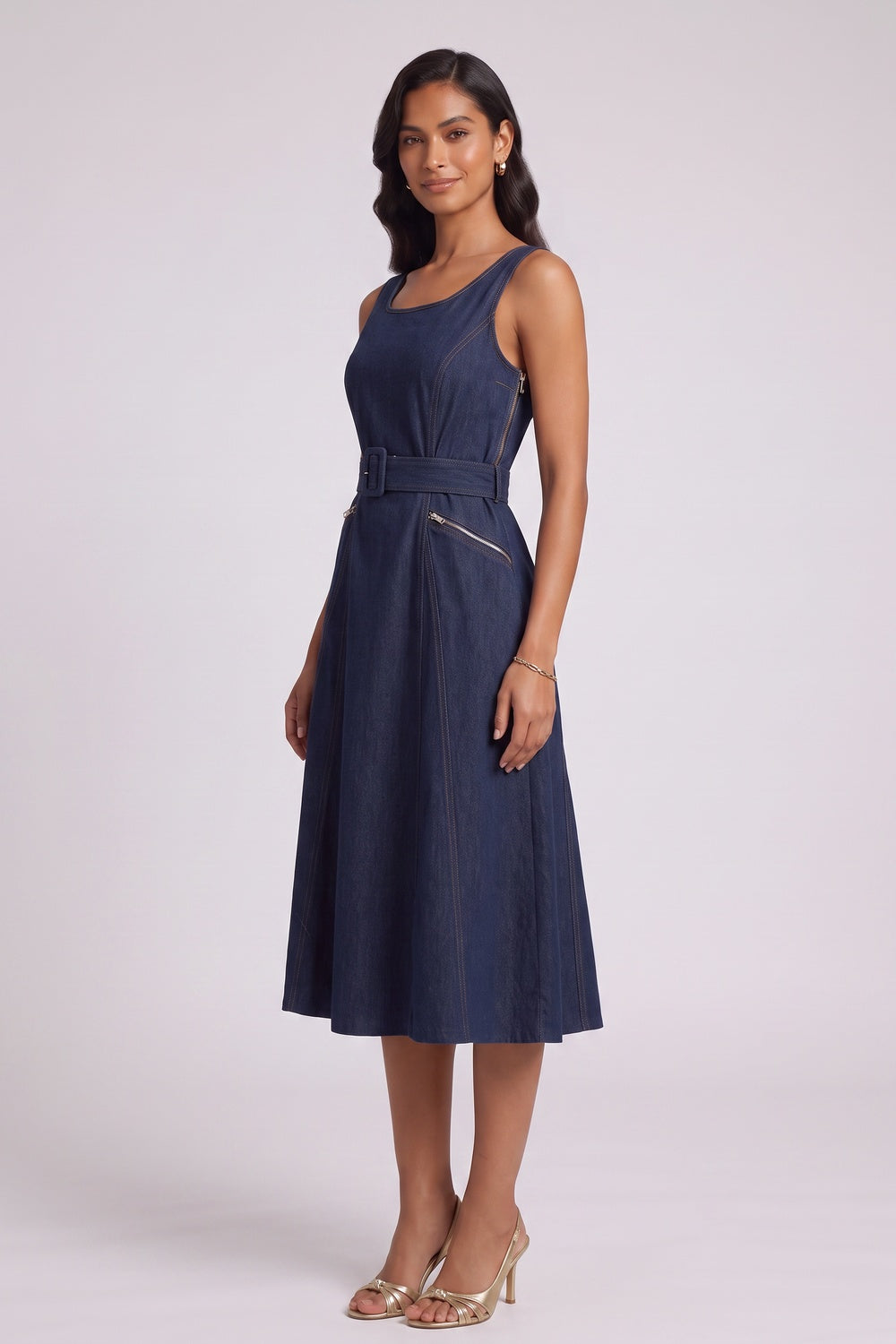 a90482637ebd72b9 DARK BLUE DENIM FIT-AND-FLARE MIDI DRESS FOR WEDDING GUEST