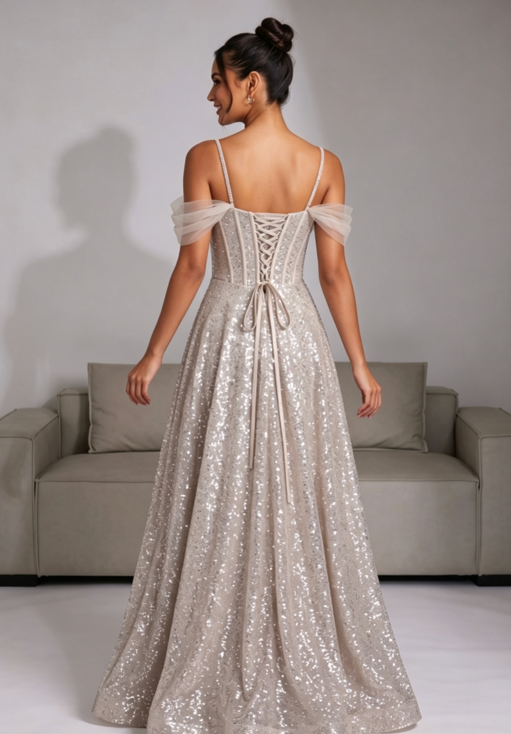 a9250b5234d430f35d4dfce3f9b9dac1 CHAMPAGNE SEQUIN TULLE A-LINE EVENING GOWN