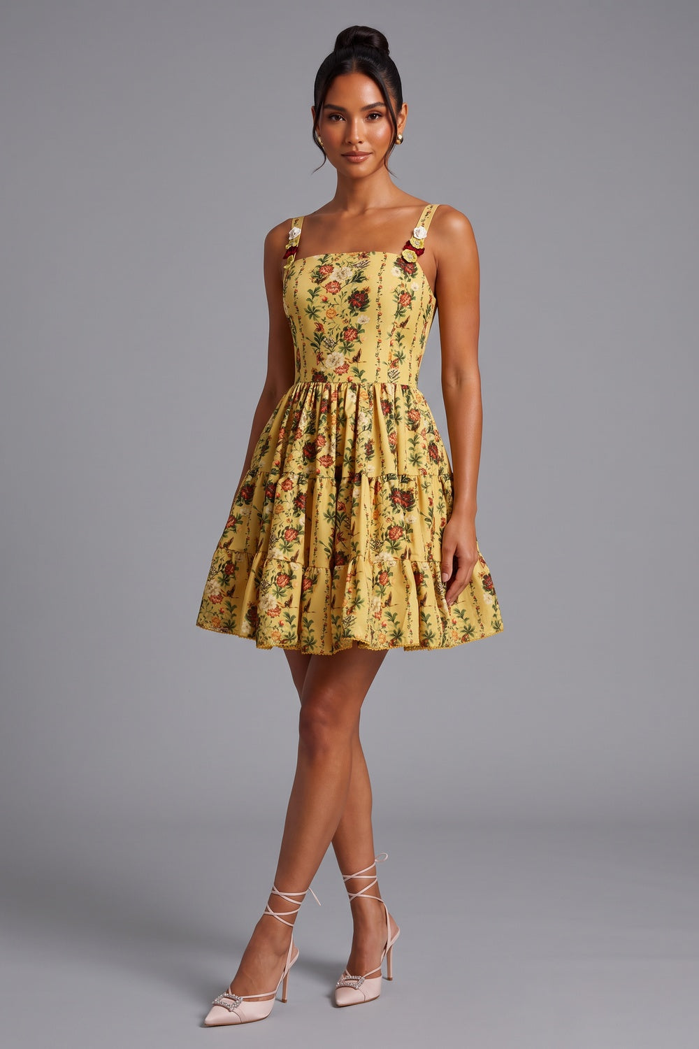 a928b1d17b3e429a YELLOW FLORAL A-LINE FIT-AND-FLARE MINI DRESS