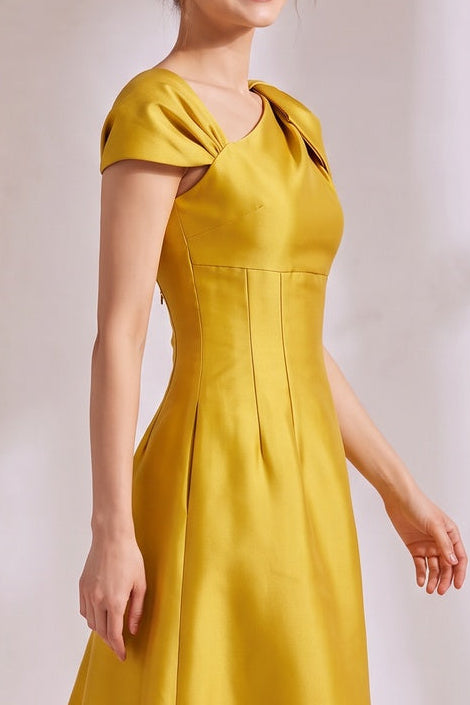 a99745fb5dfc44b7 YELLOW ASYMMETRICAL BOW SATIN MIDI PARTY DRESS
