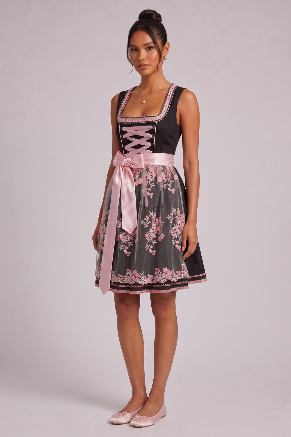 a9a128e40e0d9b61 BLACK MATTE WOVEN FIT-AND-FLARE DIRNDL DRESS
