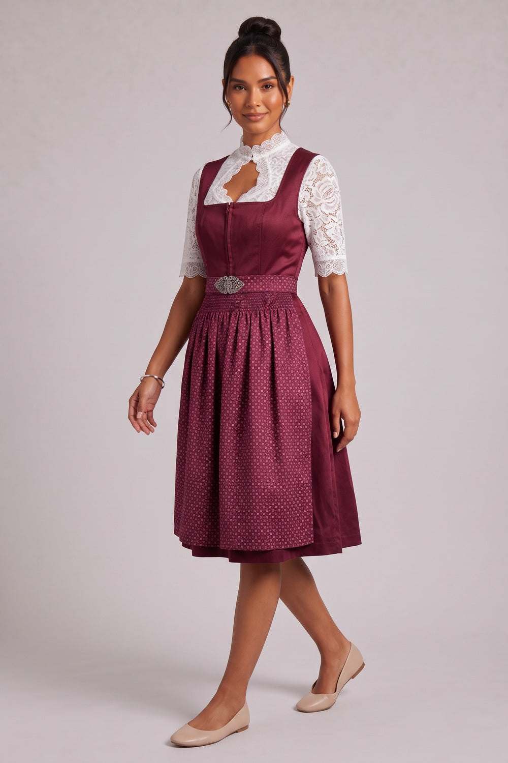 BURGUNDY SATIN DIRNDL DRESS SET - FIT & FLARE WEDDING GUEST