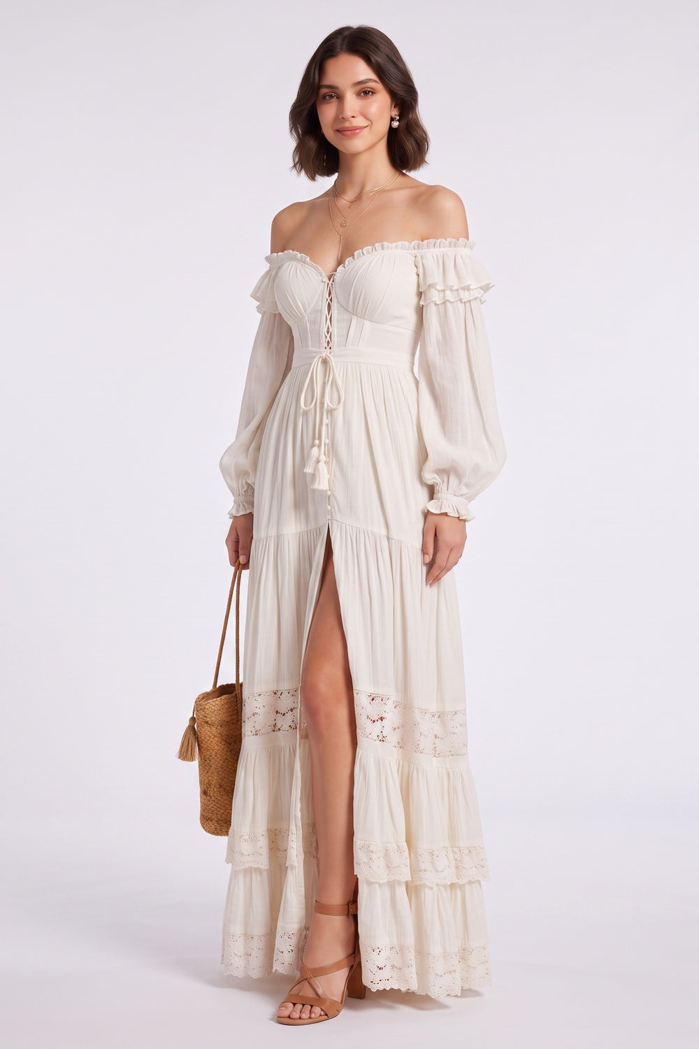 a9ee34b01de89191 CREAM OFF-SHOULDER TIERED LACE MAXI DRESS