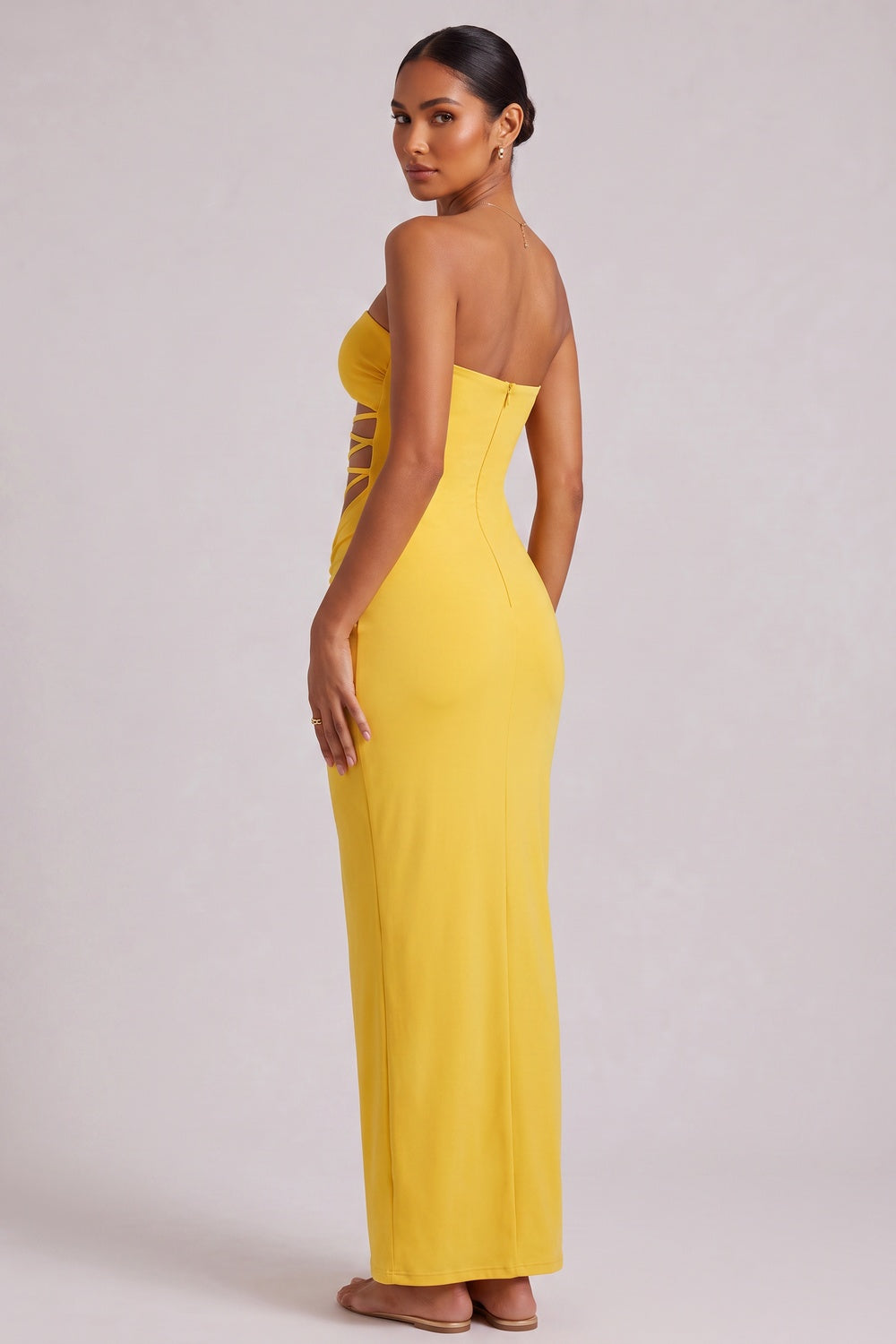 aa6345edb5d97c09 YELLOW STRAPLESS MAXI DRESS SIDE CUTOUT PARTY