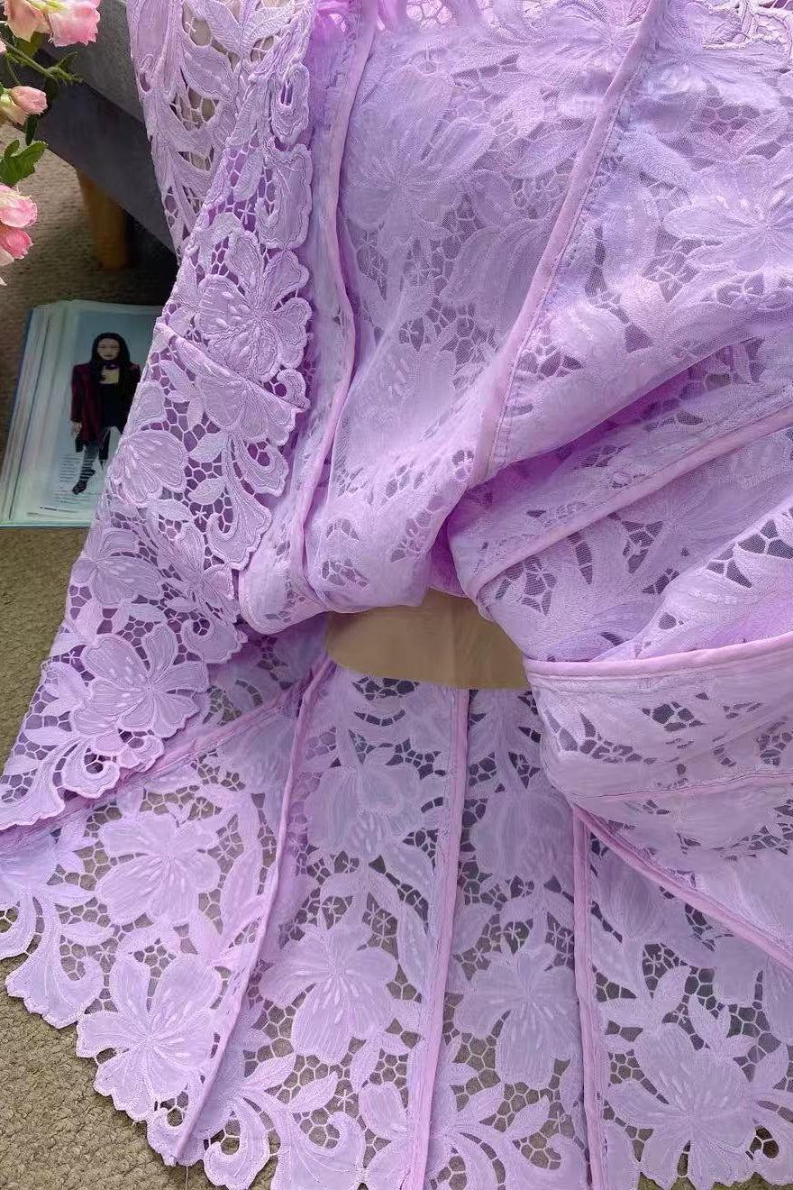 LILAC LACE MIDI DRESS | SHORT SLEEVE FLORAL WEDDING GUEST