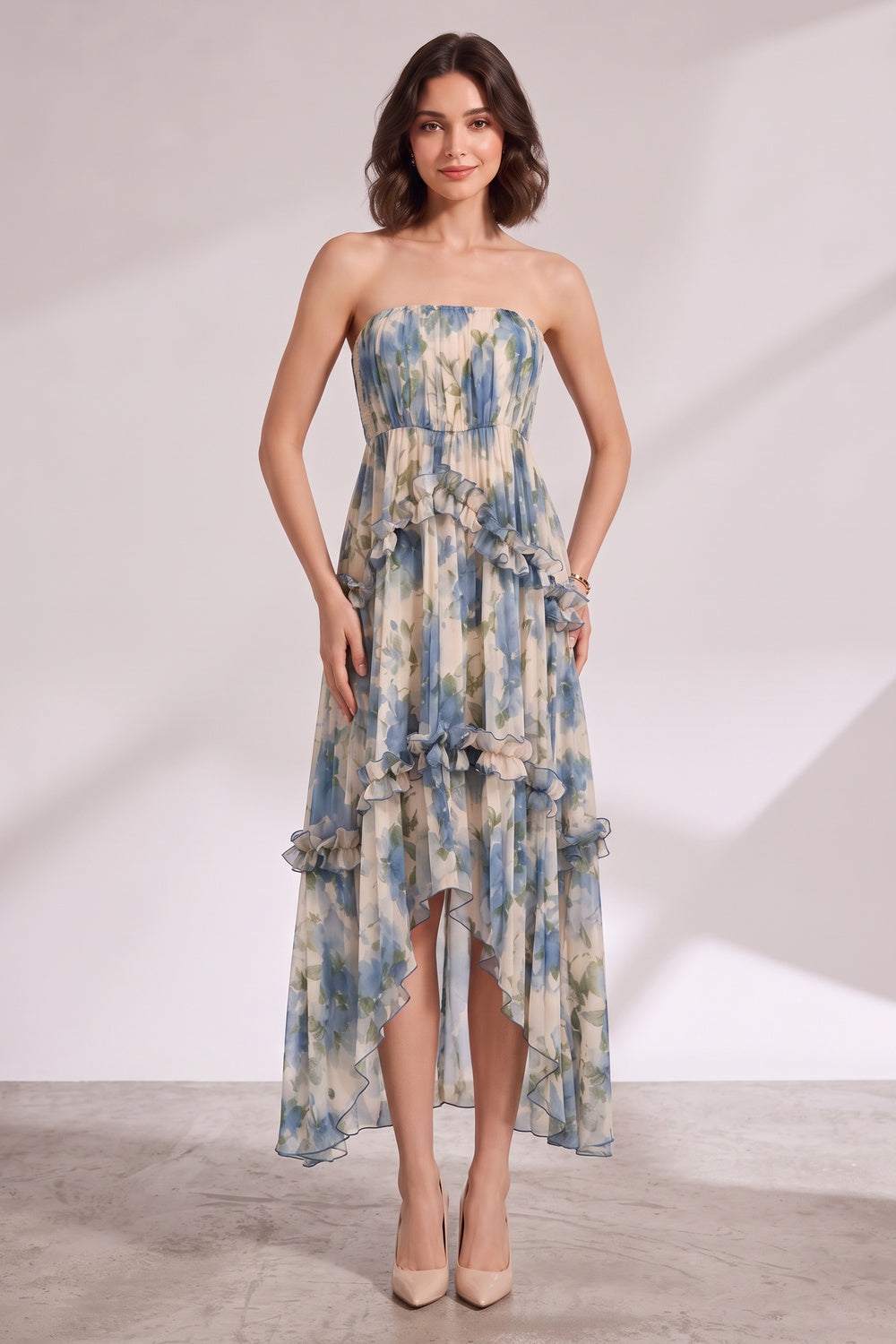 aaca23e24d505d4e BLUE FLORAL STRAPLESS TIERED MIDI DRESS
