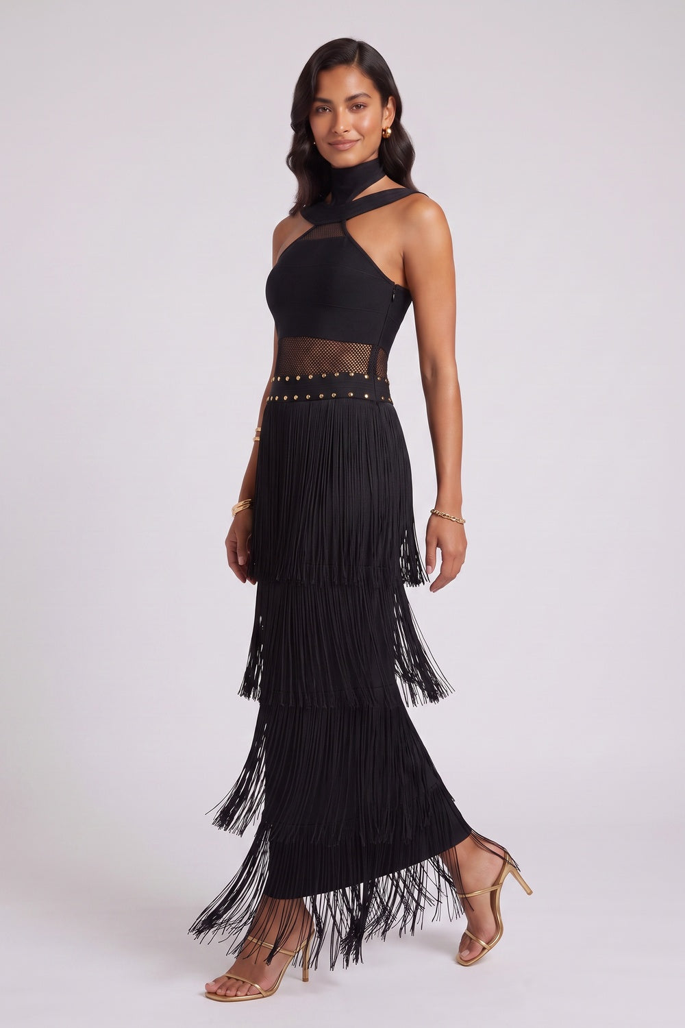 aad184916e377694 BLACK BANDAGE KNIT COLUMN DRESS FOR EVENING