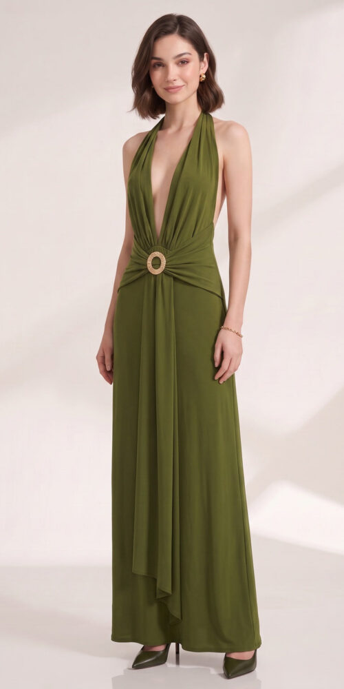 OLIVE GREEN FLUID COLUMN DRESS FOR EVENING