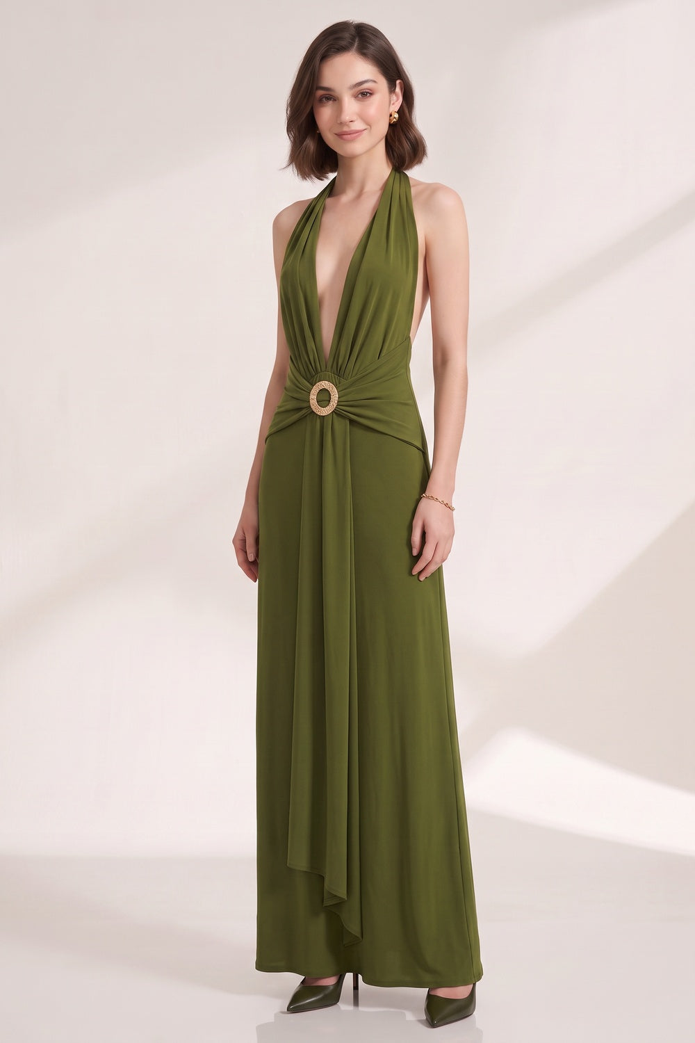 abdee4962af3322d OLIVE GREEN FLUID COLUMN DRESS FOR EVENING