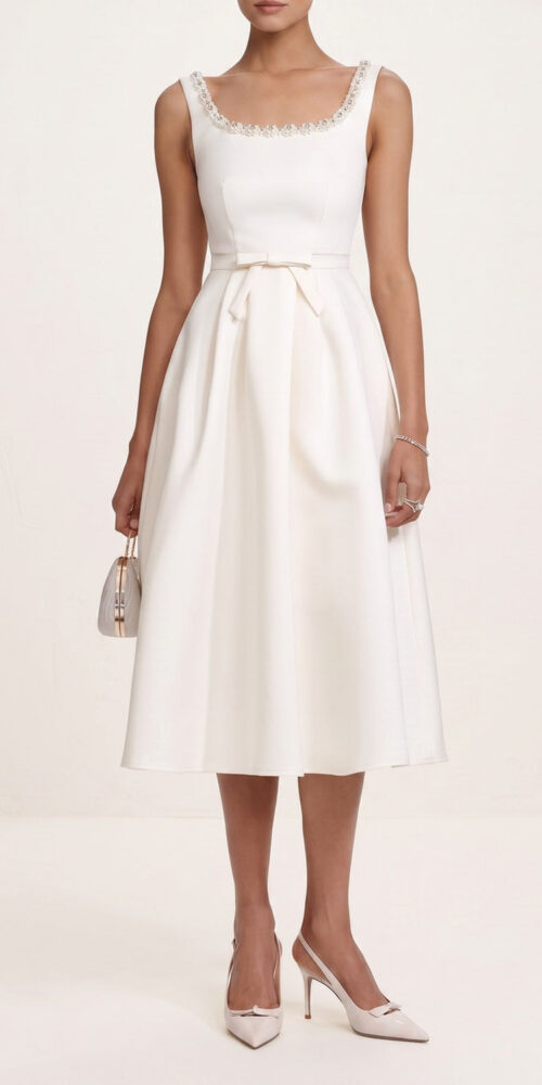 ac80328011fbd96f CRYSTAL SQUARE NECK BOW WAIST A-LINE MIDI DRESS