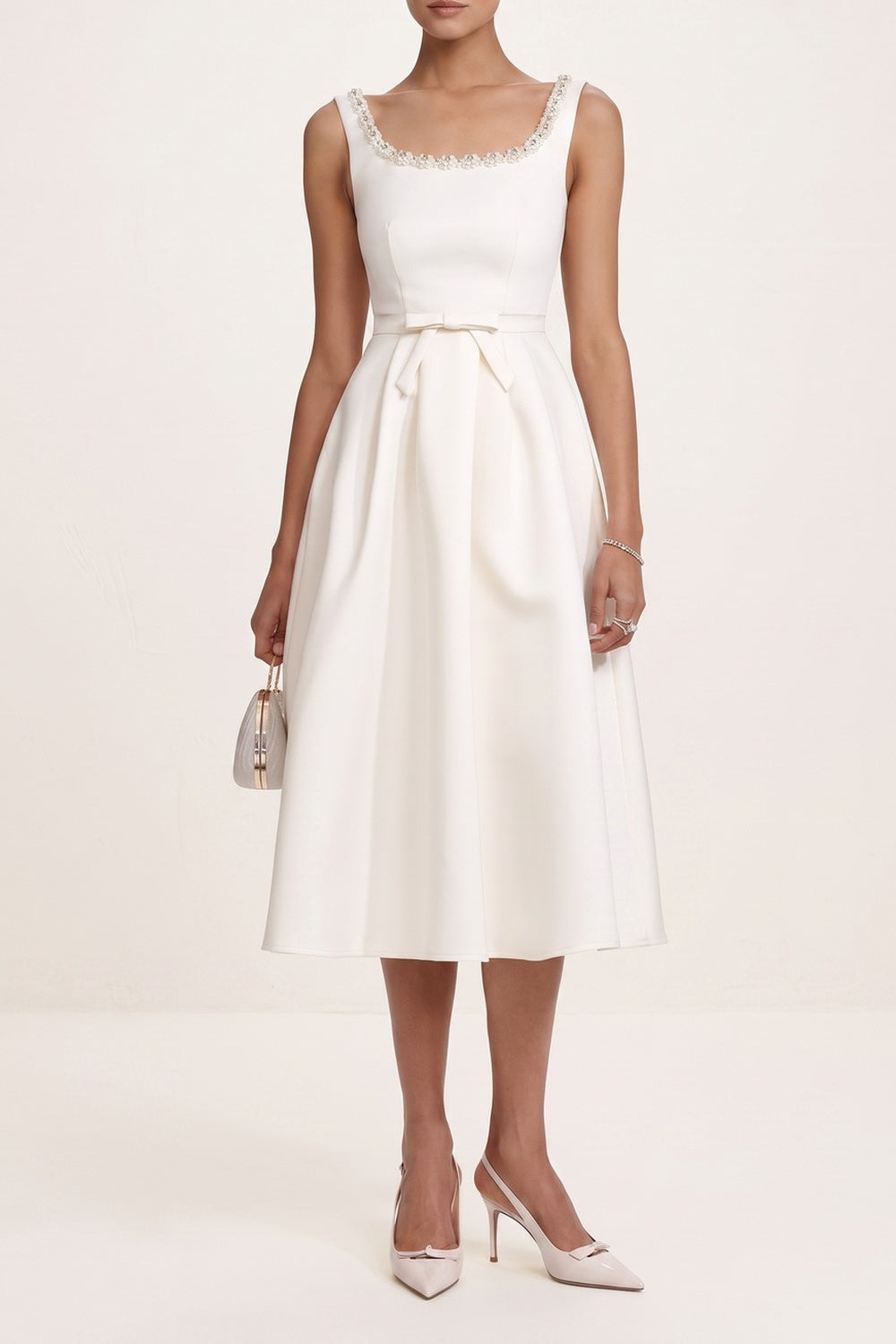 ac80328011fbd96f CRYSTAL SQUARE NECK BOW WAIST A-LINE MIDI DRESS