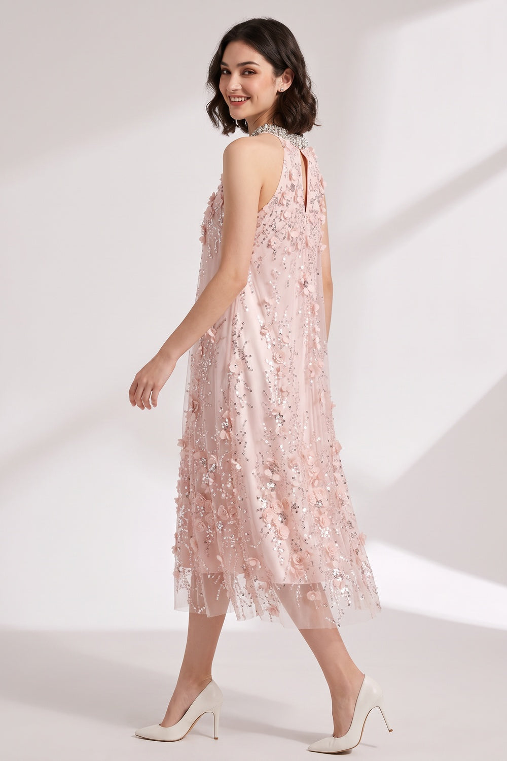 acdb42dd9dda8d97 BLUSH PINK TULLE A-LINE SHIFT DRESS FLORAL EMBELLISHMENT