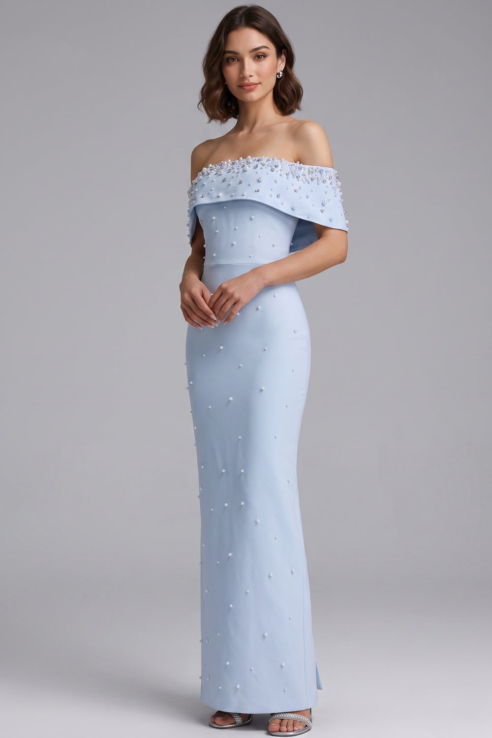LIGHT BLUE PEARL COLUMN GOWN | STRUCTURED CREPE FORMAL DRESS