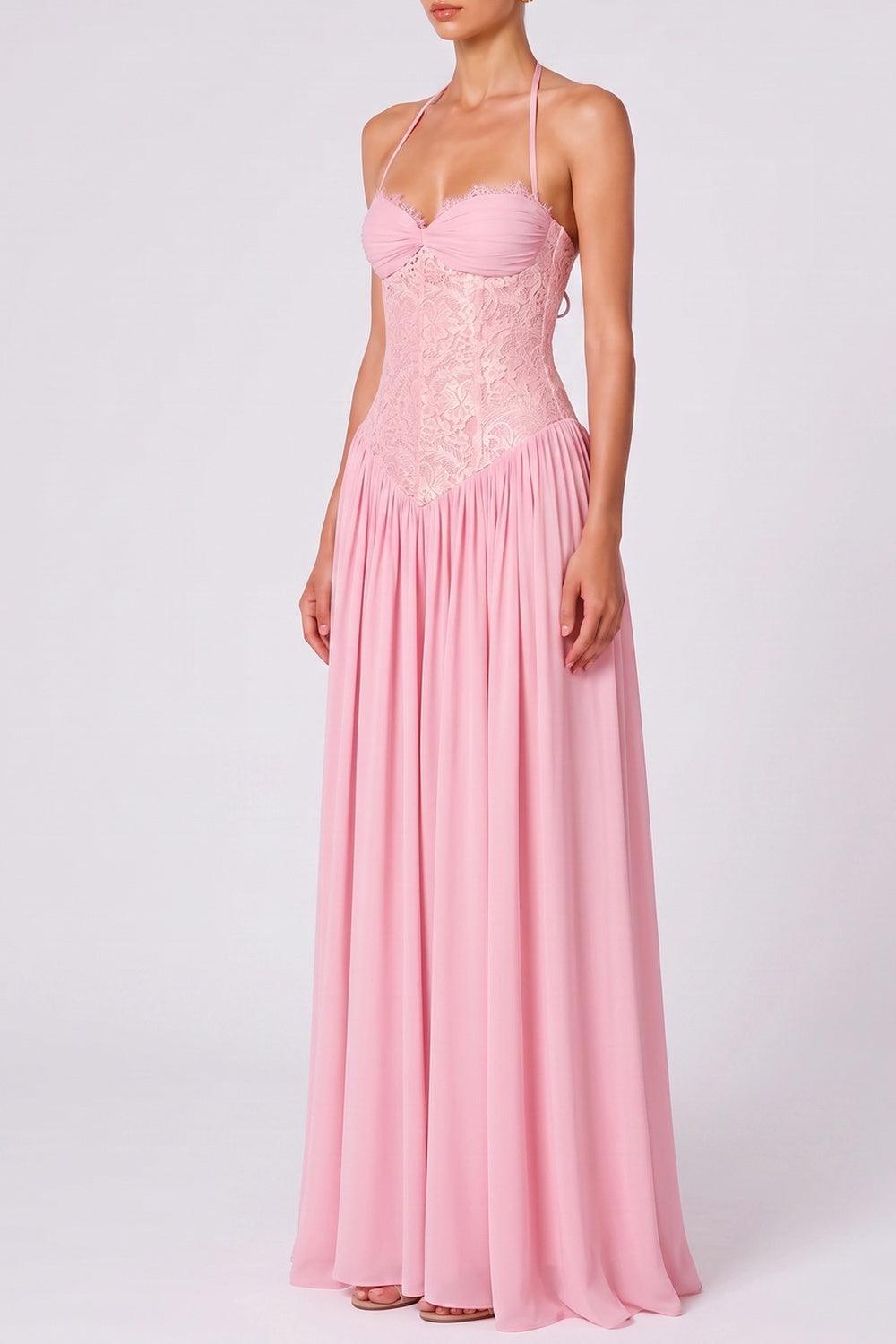 HALTER TWIST BUST LACE CORSET CHIFFON MAXI DRESS