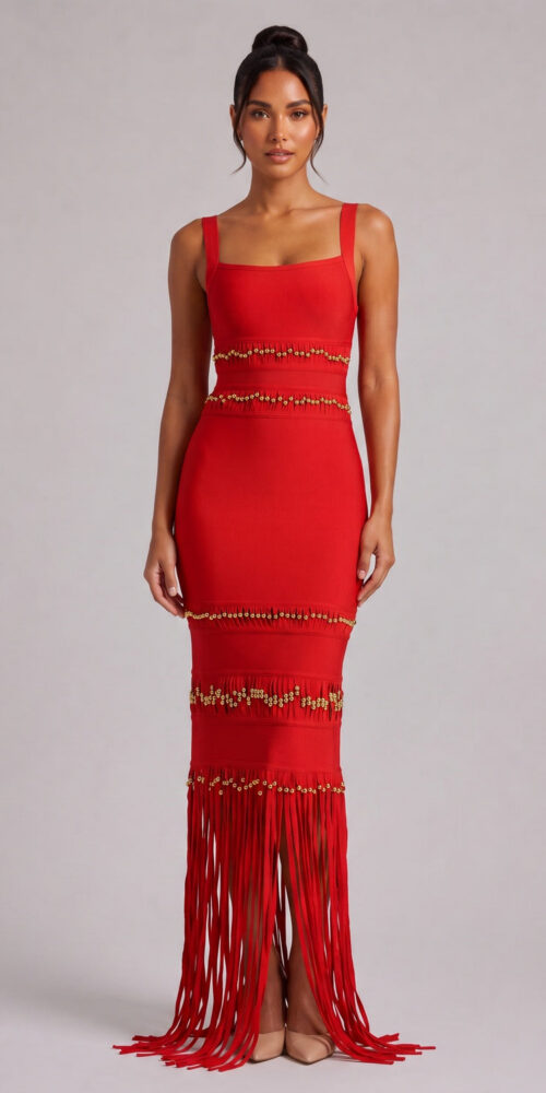 ad3b0907d1e87ed6 RED FRINGE MAXI DRESS GOLD BEAD DETAIL PARTY