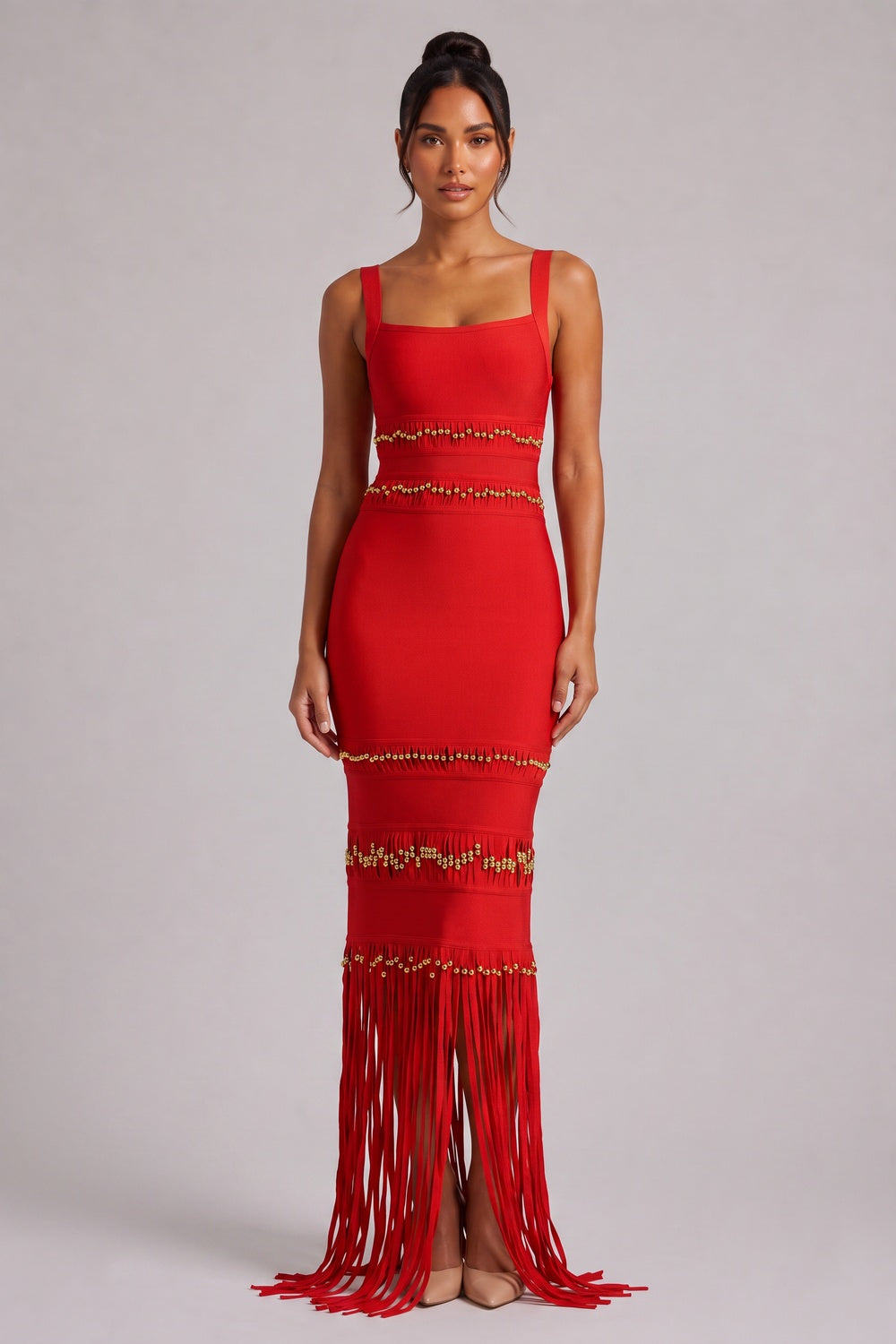 ad3b0907d1e87ed6 RED FRINGE MAXI DRESS GOLD BEAD DETAIL PARTY