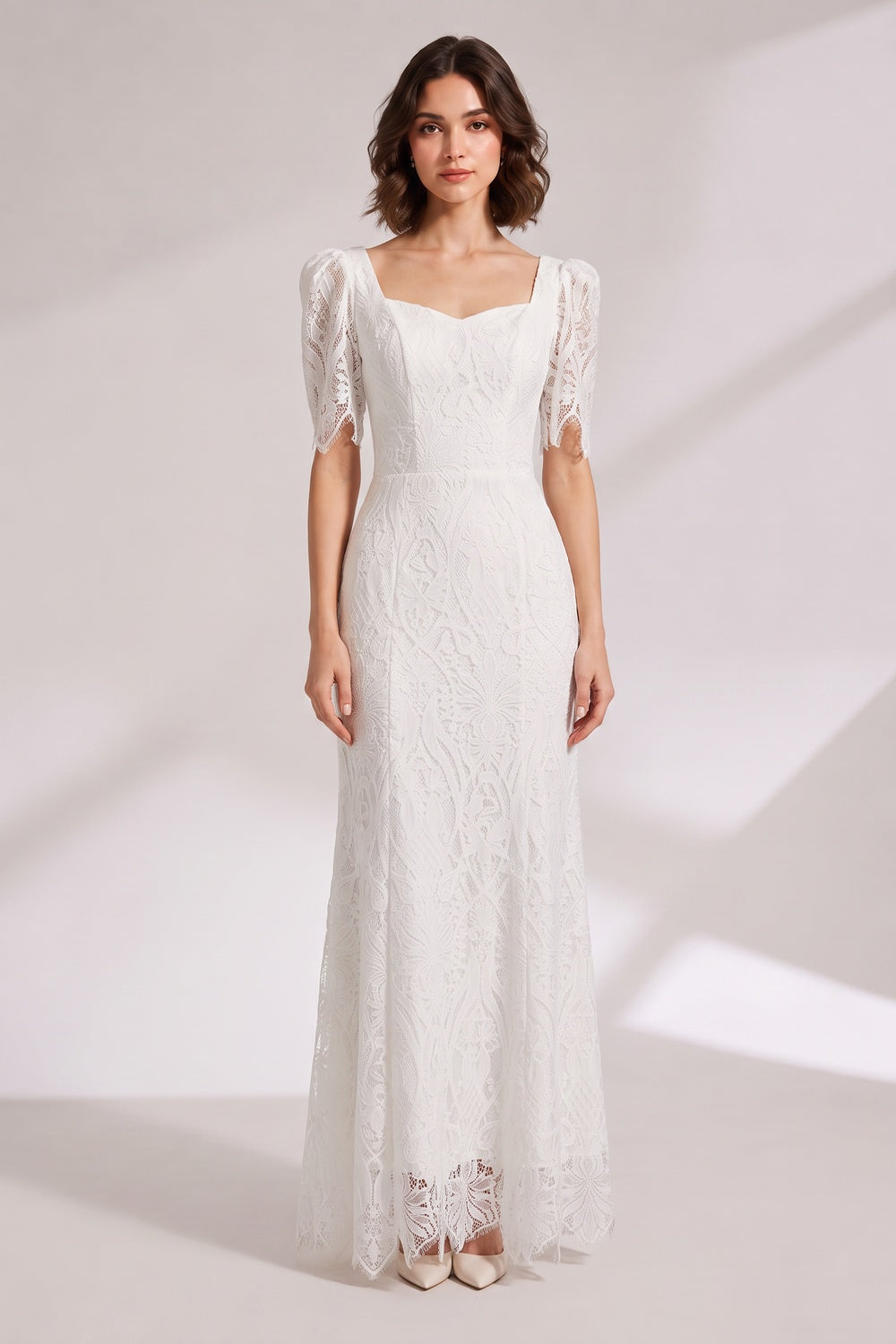 ad3d3491bf881826 WHITE LACE MAXI DRESS PUFF SLEEVE WEDDING GUEST