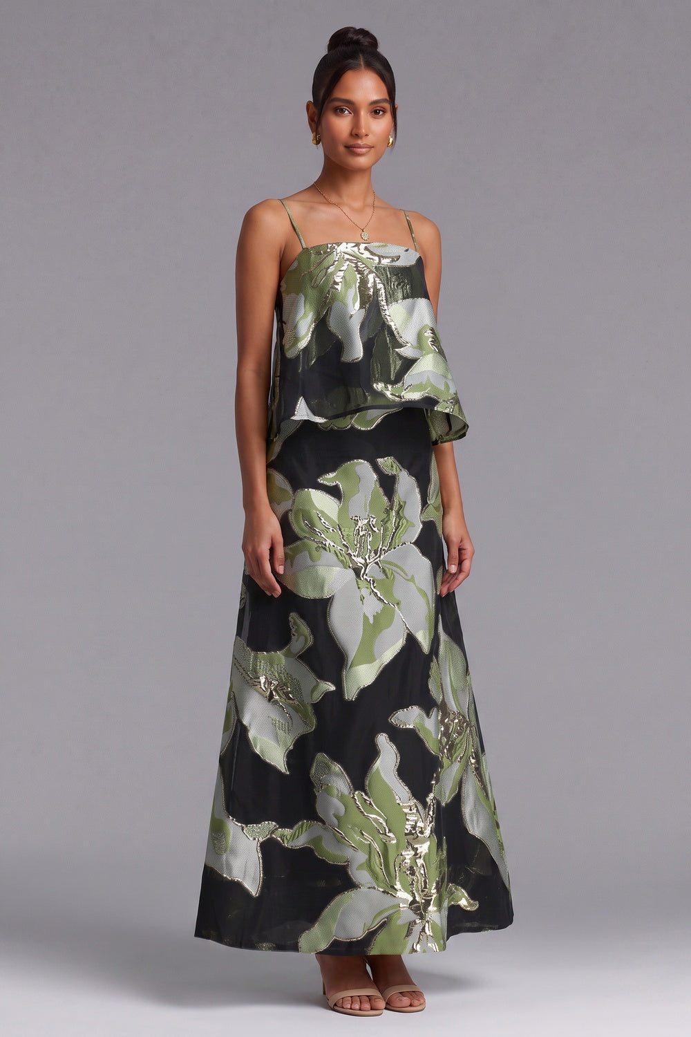 BLACK METALLIC JACQUARD TRAPEZE CROP TOP & MAXI SKIRT SET