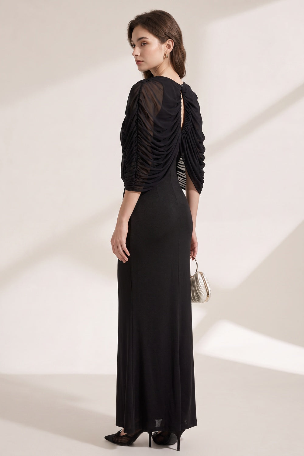 ae3b3c97beacf19c BLACK MATTE JERSEY COLUMN GOWN WITH DRAPED CAPELET