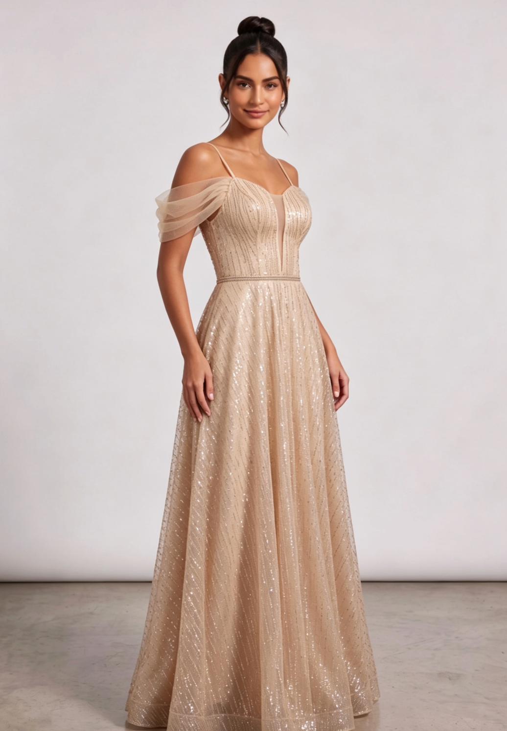 ae3d88f33457d22fa34c3f5eb870c4c6 CHAMPAGNE GLITTER TULLE A-LINE EVENING GOWN