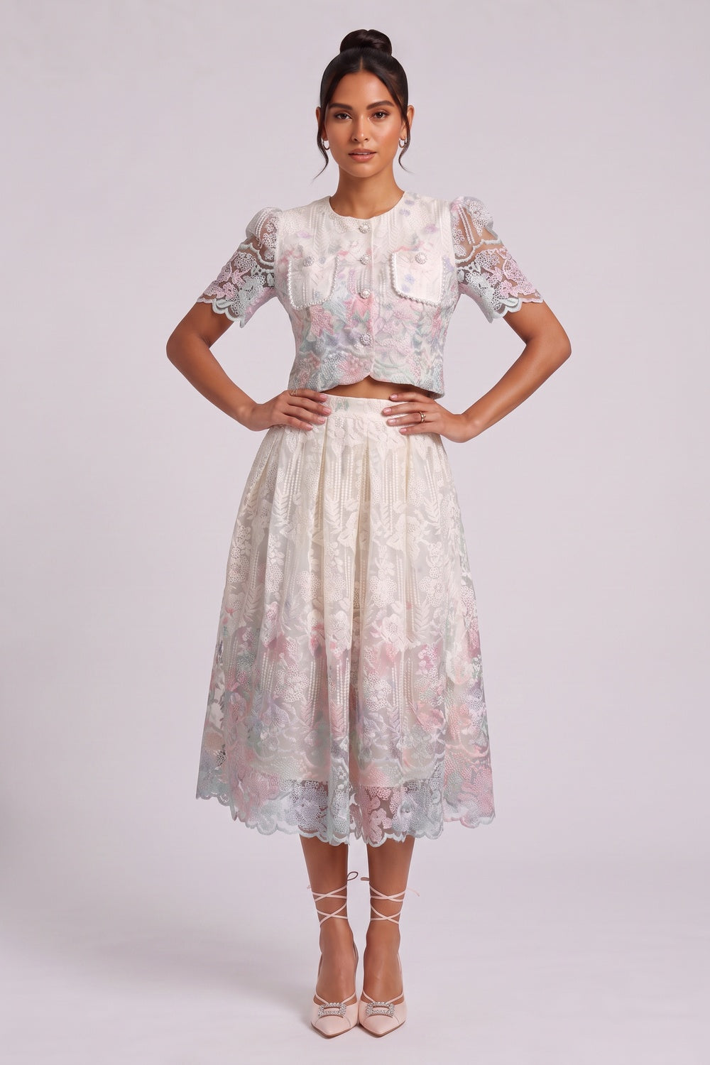 aedab2f58a5d4eee FLORAL LACE 2PC SET – CROPPED JACKET & MIDI SKIRT