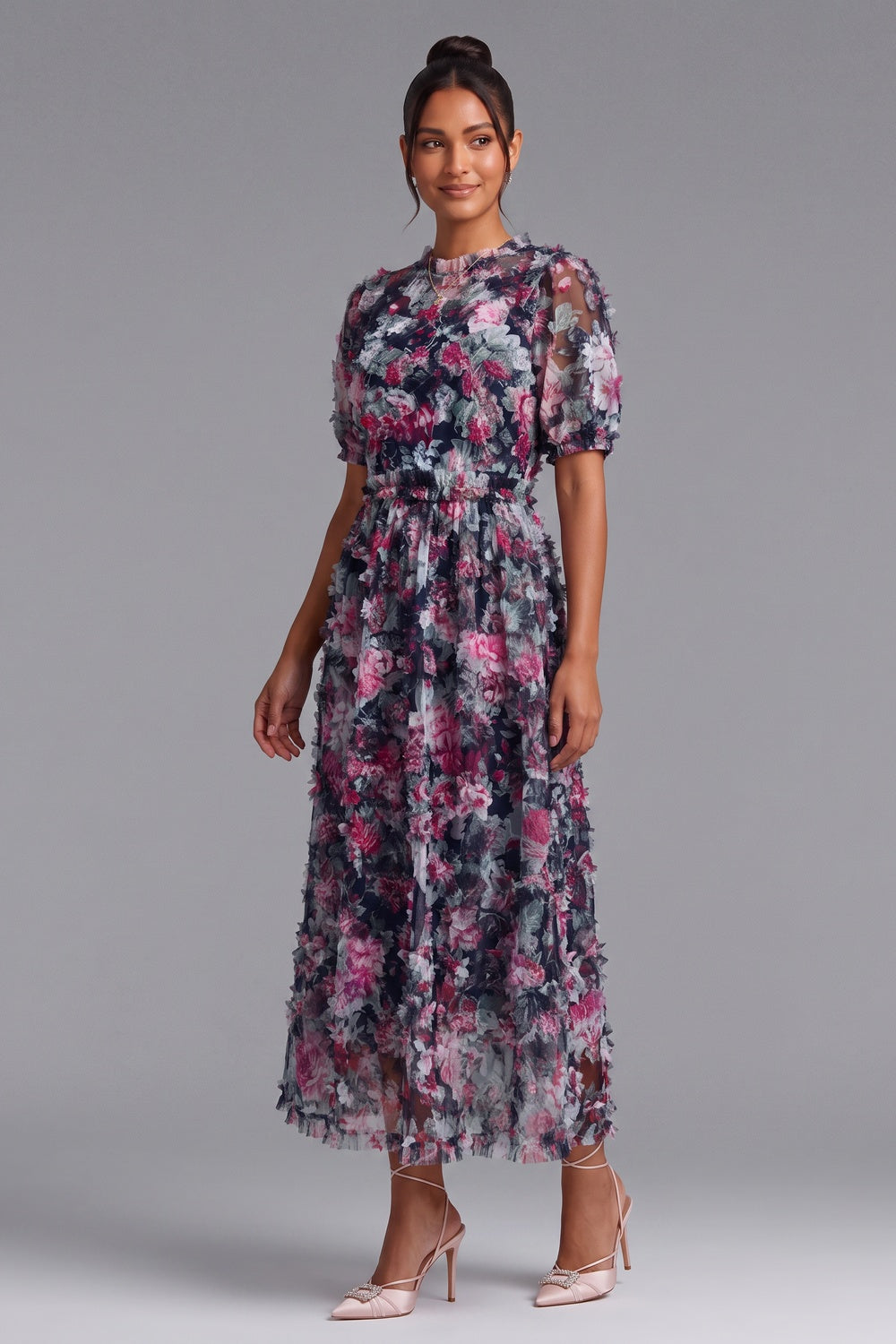 NAVY FLORAL SHEER ORGANZA A-LINE MIDI DRESS 3D RUFFLE