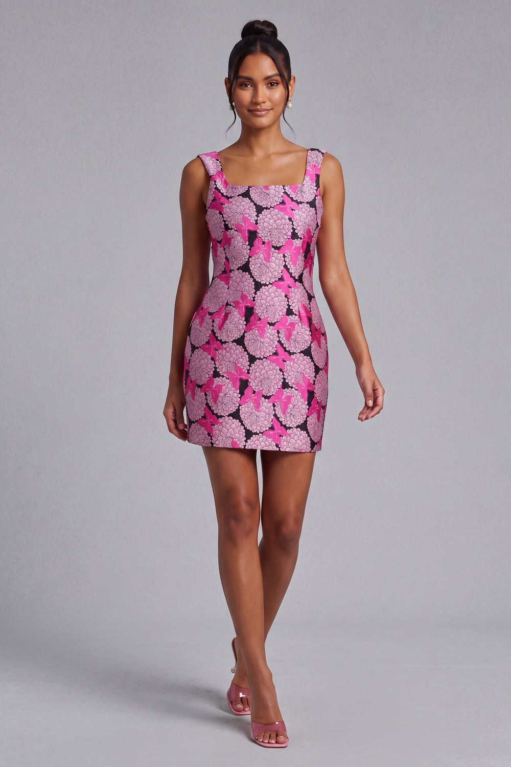 afc4b84612585b4a SQUARE NECK FLORAL BUTTERFLY SLEEVELESS MINI DRESS