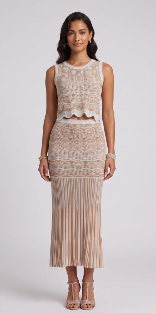 afd5698fb425efbf BEIGE POINTELLE KNIT FITTED COLUMN TWO-PIECE SET