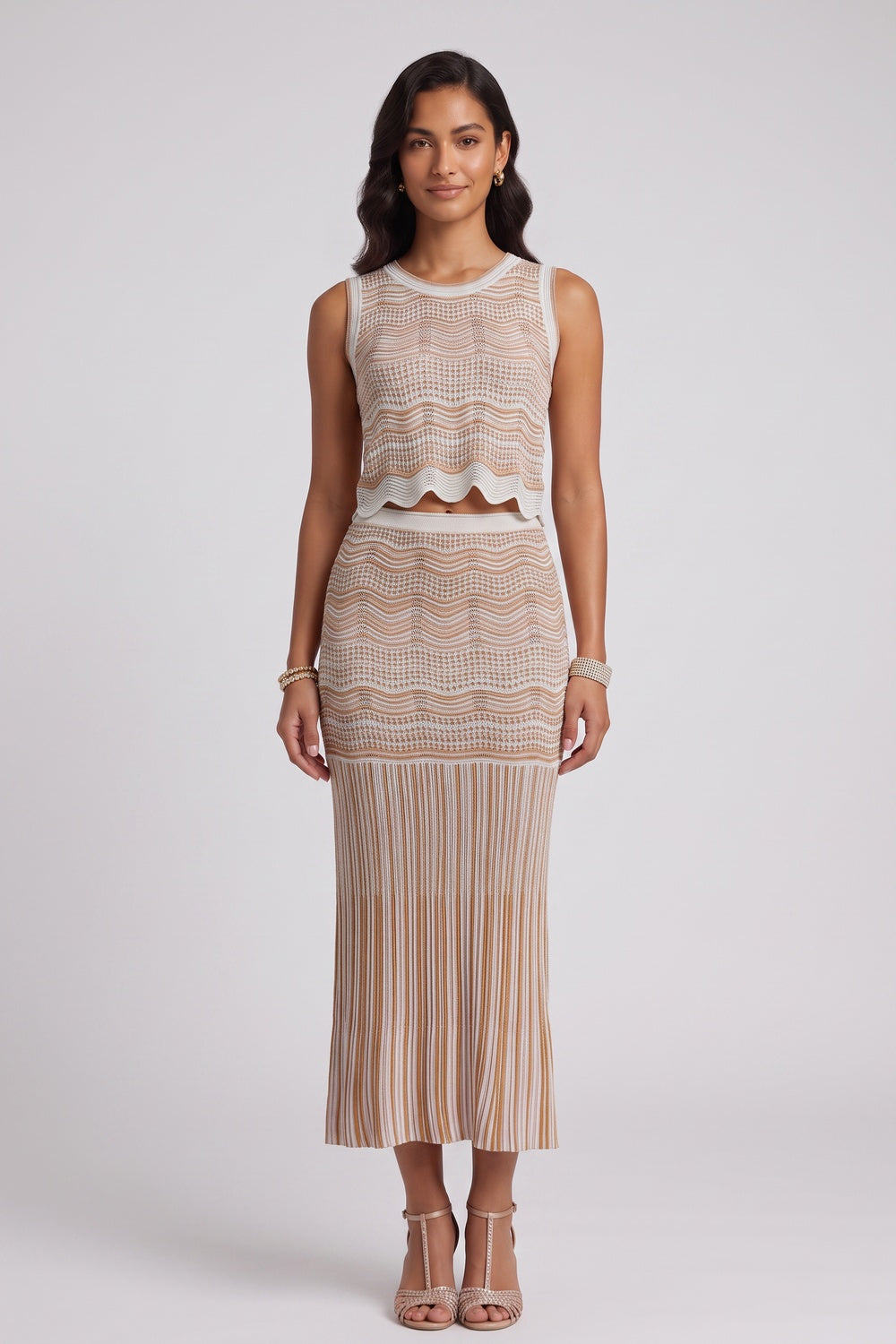 afd5698fb425efbf BEIGE POINTELLE KNIT FITTED COLUMN TWO-PIECE SET