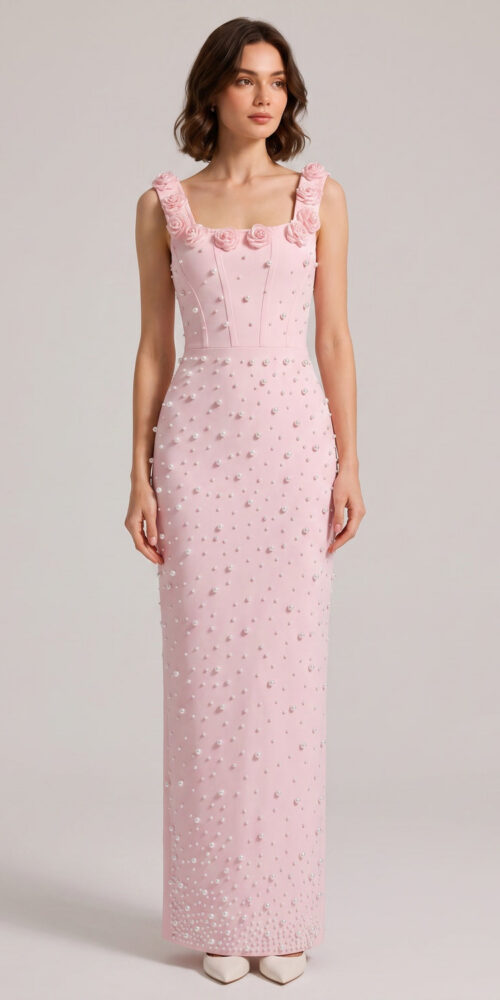 afeddb4ebc2bc8ff PINK 3D ROSE PEARL BEADED MERMAID MAXI GOWN