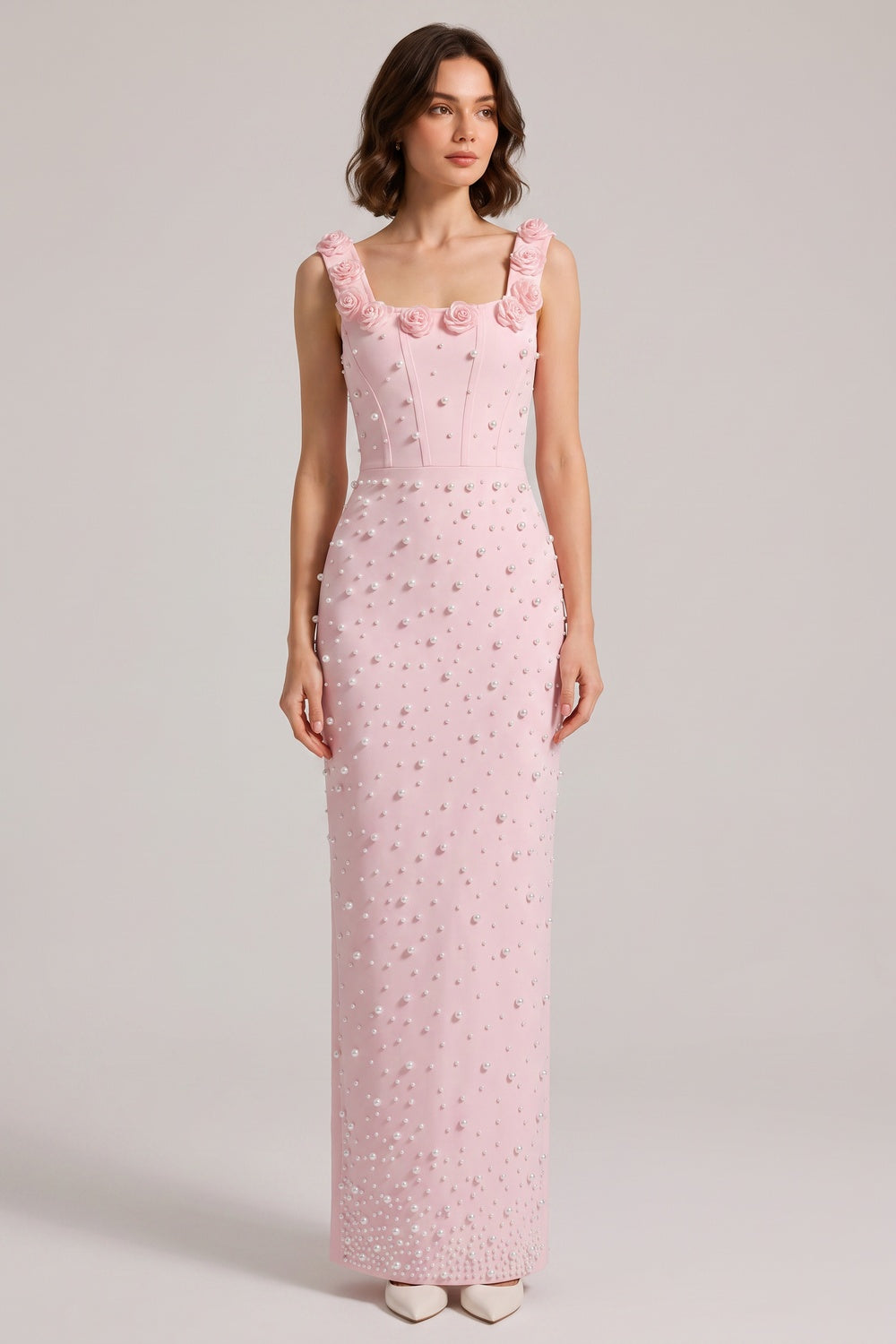 PINK 3D ROSE PEARL BEADED MERMAID MAXI GOWN