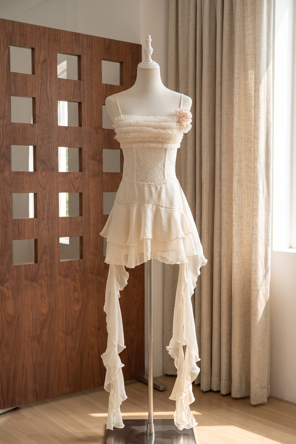 b02247b13c537304 SPAGHETTI STRAP LACE CORSET HIGH-LOW RUFFLE MINI DRESS