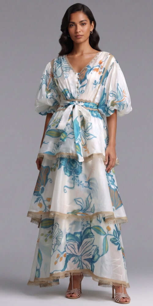 b0a98cd8f648ef74 WHITE SEMI-SHEER ORGANZA A-LINE TIERED MAXI DRESS