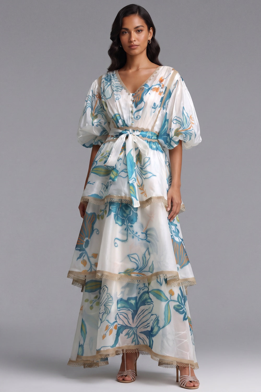 b0a98cd8f648ef74 WHITE SEMI-SHEER ORGANZA A-LINE TIERED MAXI DRESS