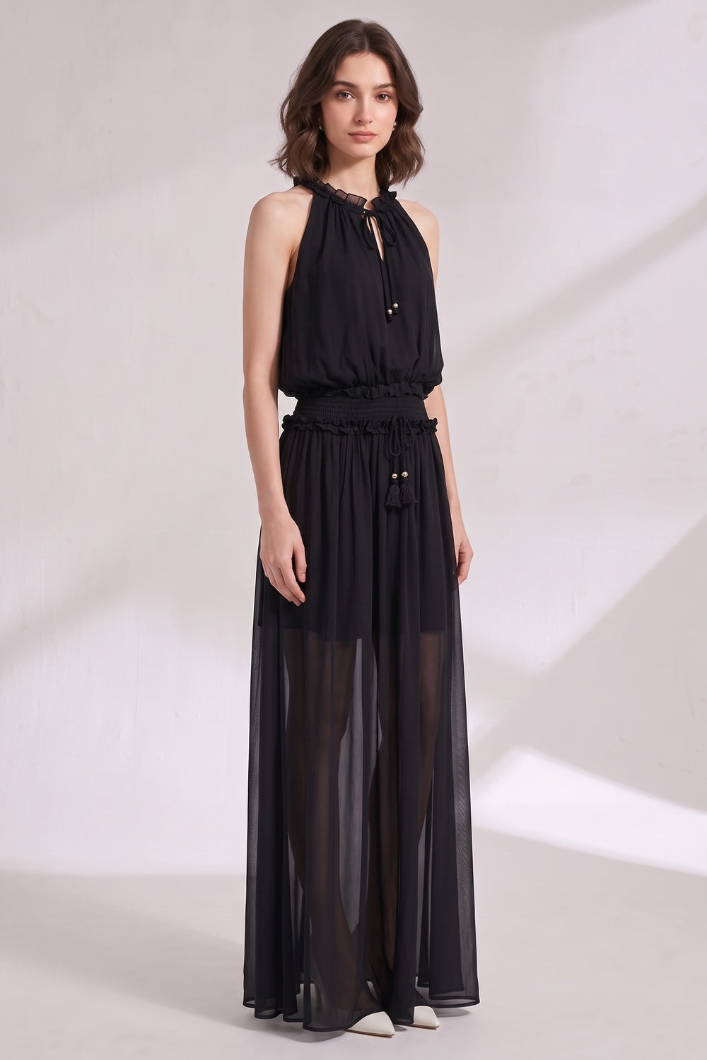 b0e03c3a958f34bb BLACK CHIFFON A-LINE BLOUSON MAXI DRESS