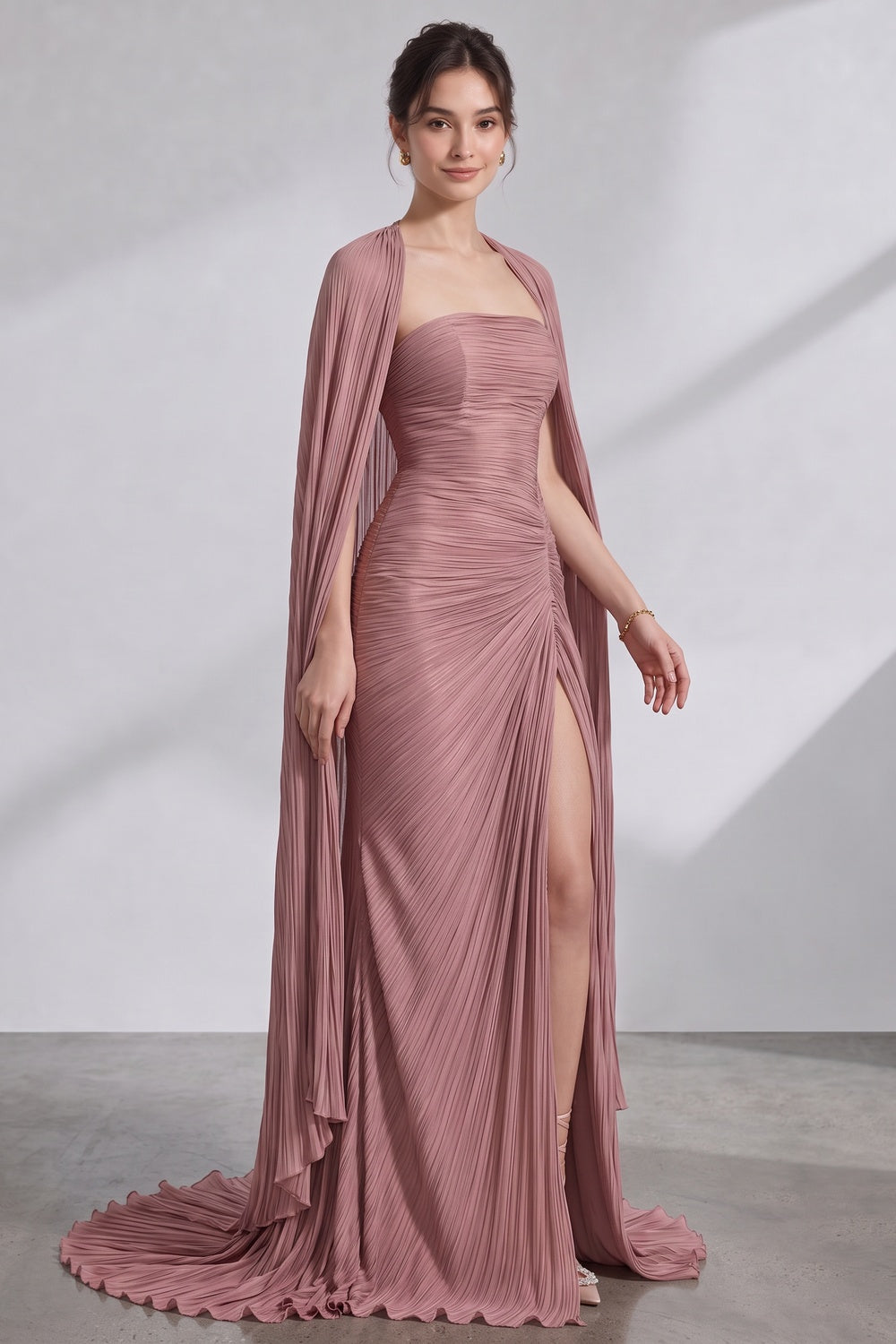 b131f45fddcde6e6 DUSTY ROSE PLISSÉ STRAPLESS CAPE GOWN W/ TRAIN