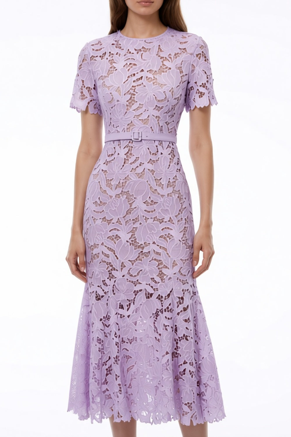 LILAC LACE MIDI DRESS | SHORT SLEEVE FLORAL WEDDING GUEST