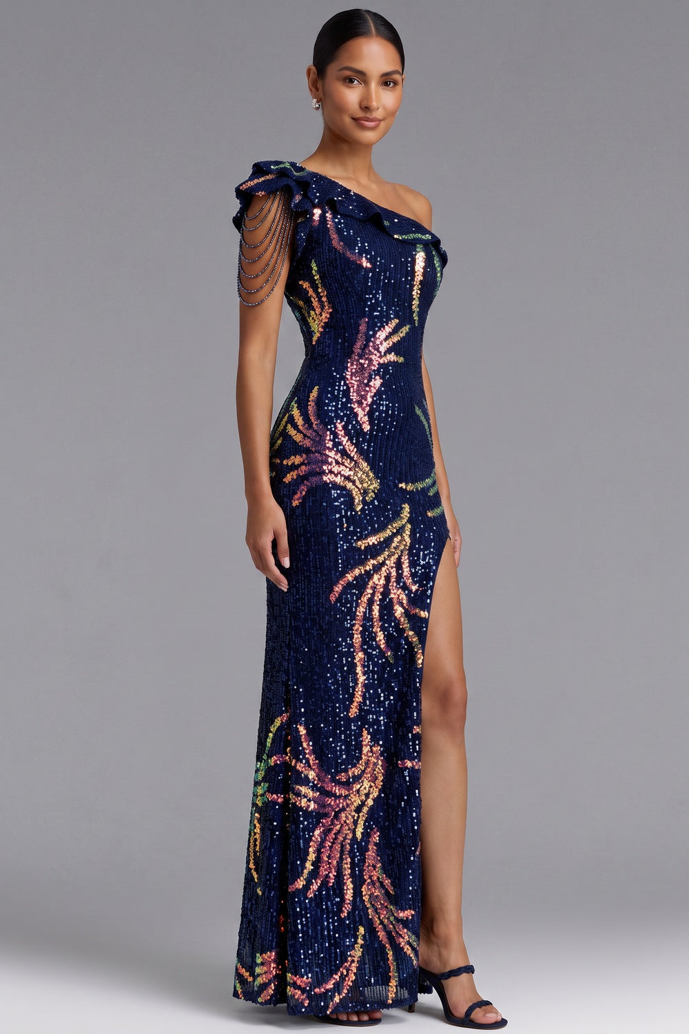 b197aff7bdb012a0 NAVY BLUE ONE-SHOULDER SEQUIN MAXI GOWN