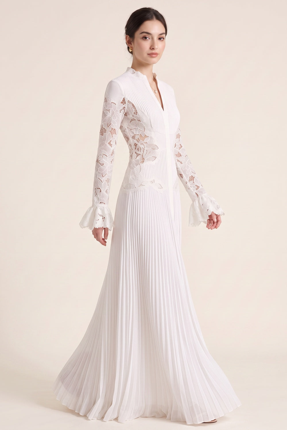 WHITE PLEATED GEORGETTE A-LINE LACE GOWN FOR WEDDING GUEST