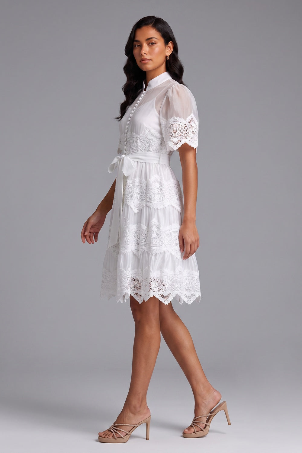 b1de63f9485c89e9 WHITE MANDARIN COLLAR PUFF SLEEVE TIERED LACE MIDI DRESS