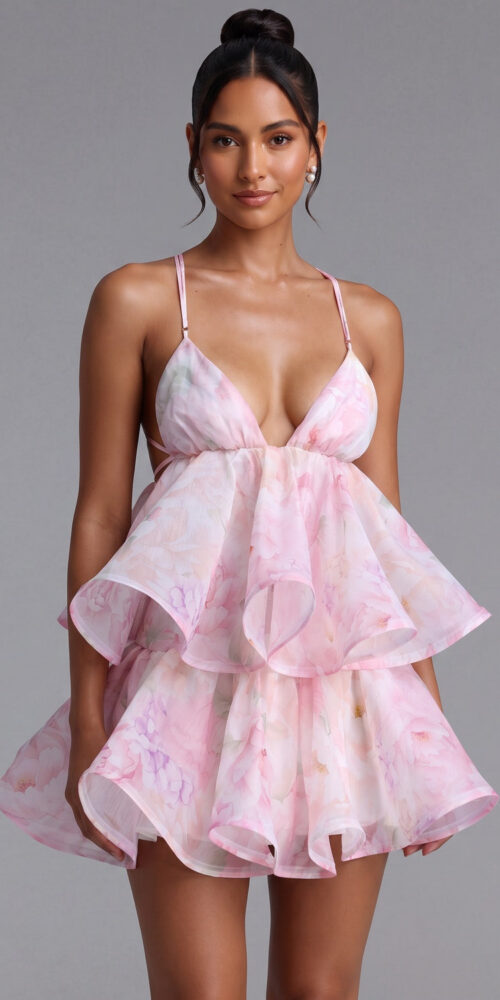 LIGHT PINK ORGANZA FLORAL A-LINE BABYDOLL MINI DRESS