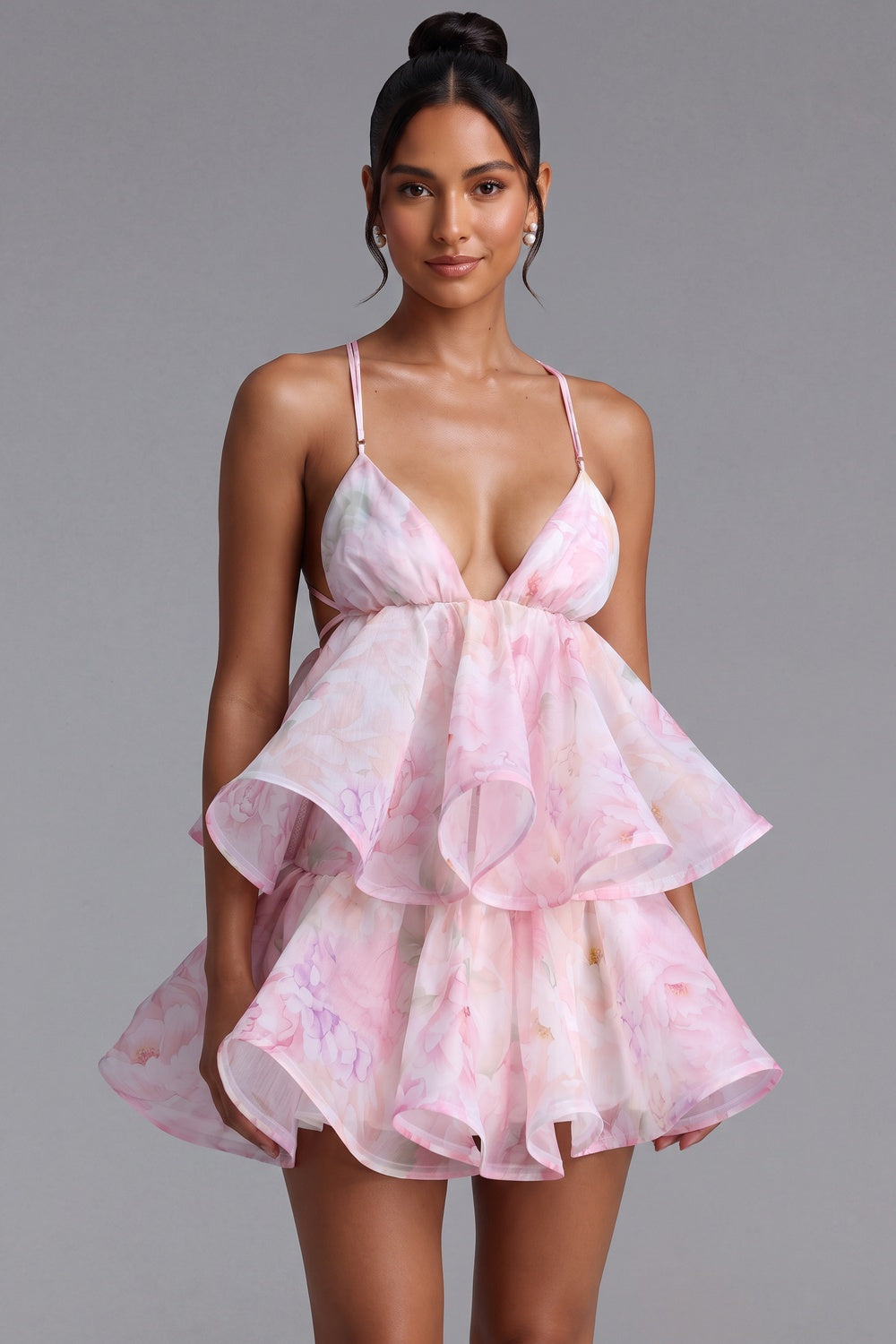 b1f2057fb50859e1 LIGHT PINK ORGANZA FLORAL A-LINE BABYDOLL MINI DRESS