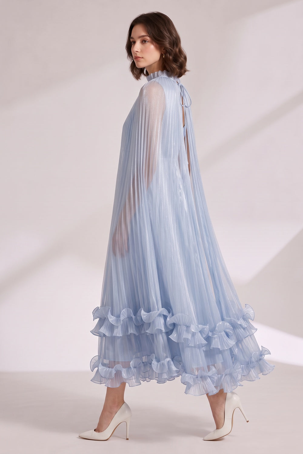 b1f699d4e24b29ef LIGHT BLUE PLEATED CAPE DRESS WITH RUFFLE HEM
