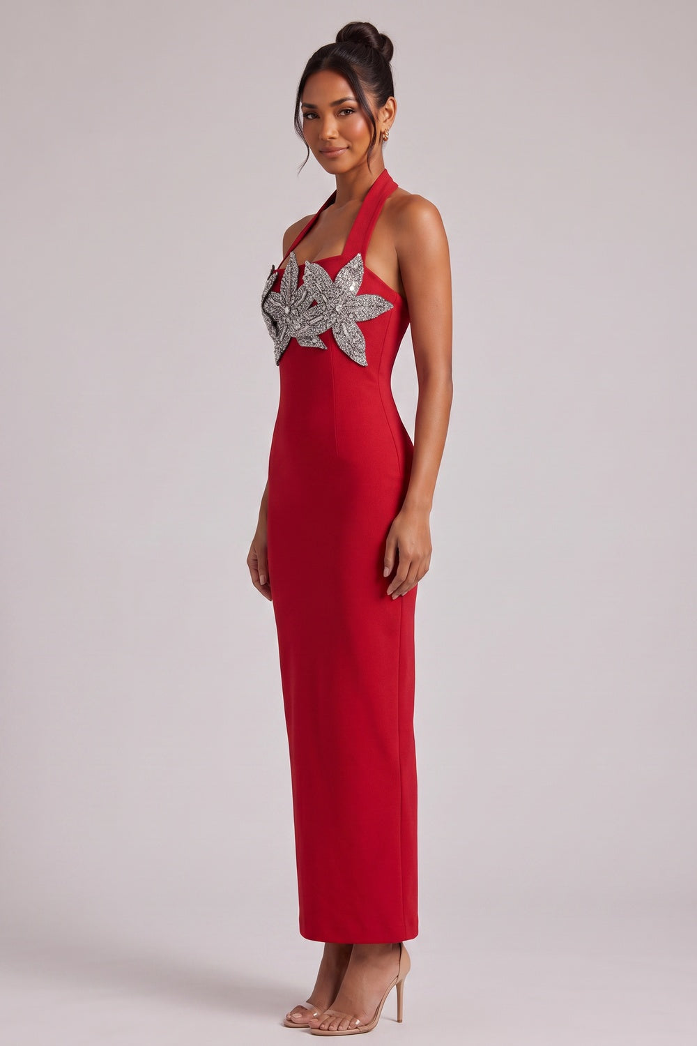 b20f31b5fd2f4d51 RED HALTER MAXI DRESS SILVER FLORAL PARTY